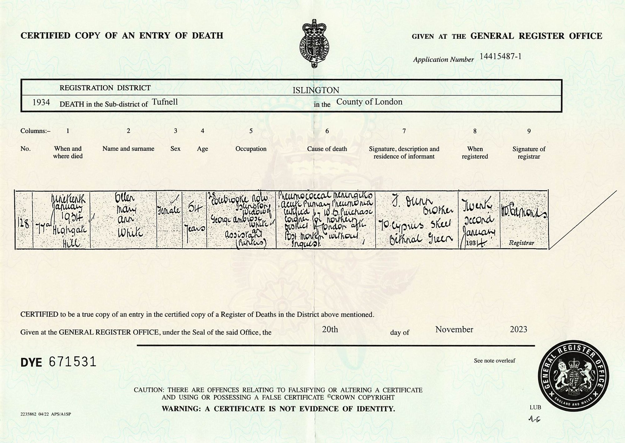 Official Death Certificate Ellen Mary Ann Dunn White 1934